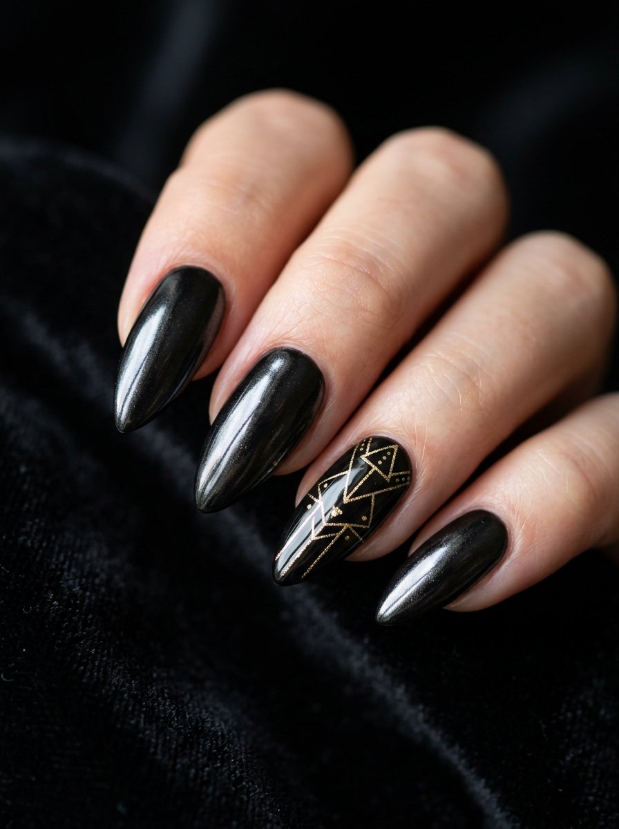 Black chrome stiletto nail art at The Mirror by Embellish